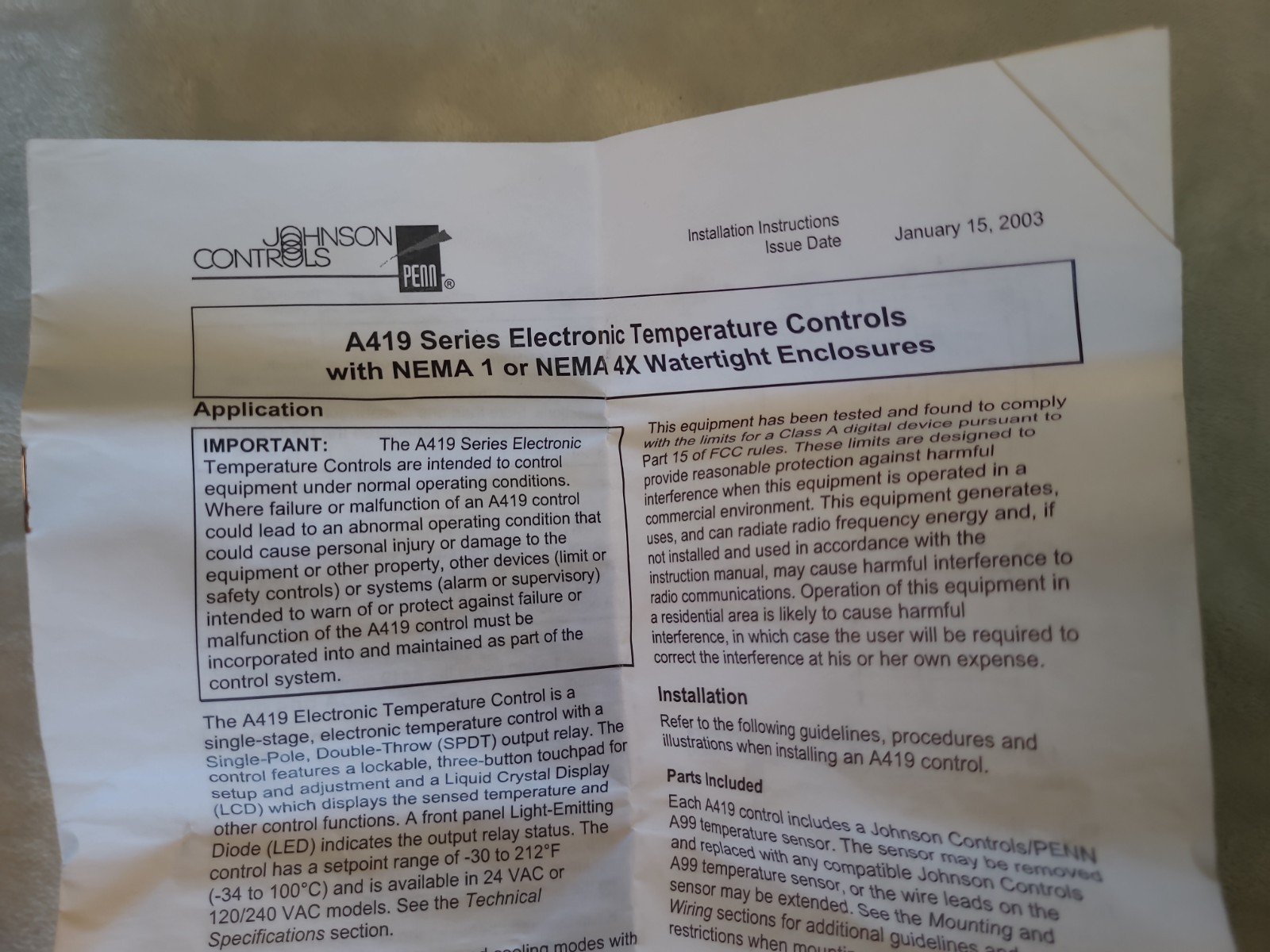 Johnson Controls A419ABC-1C Temp Controller 240 SEALED BOX