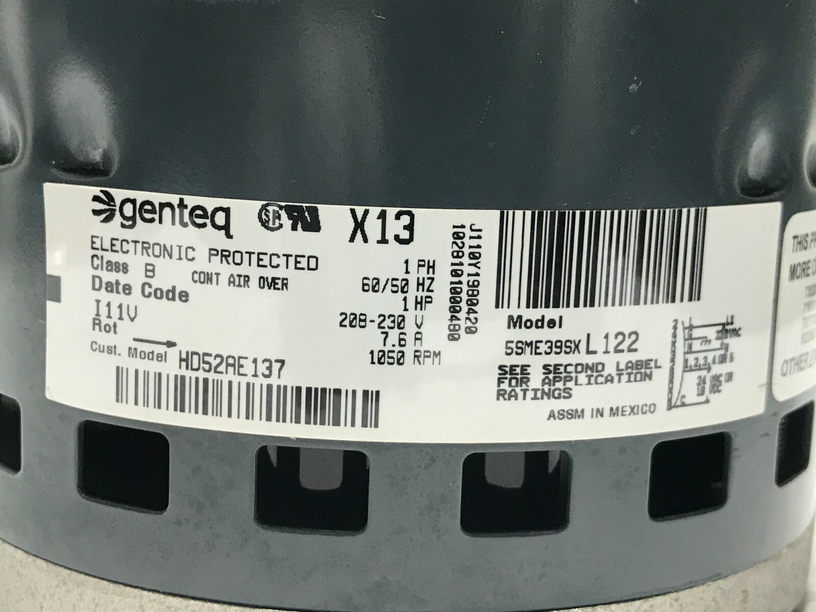 Genteq ECM Blower Motor 5SME39SXL122 208-230V 1050RPM 1PH HD52AE137 used #MB465