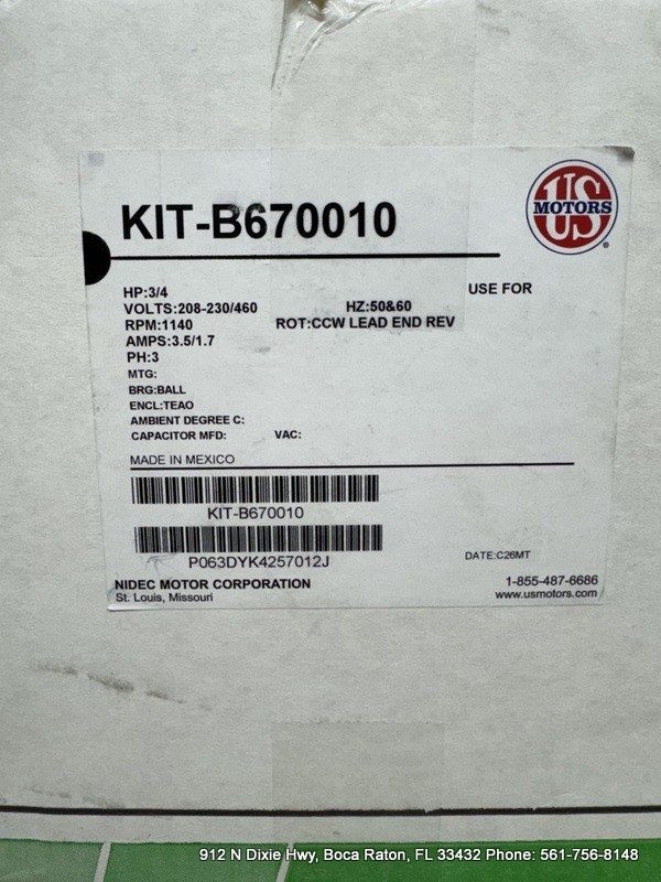 Liebert KIT-B670010 B67-0010 3/4 HP 208-230/460V 3-Phase Condenser Fan Motor