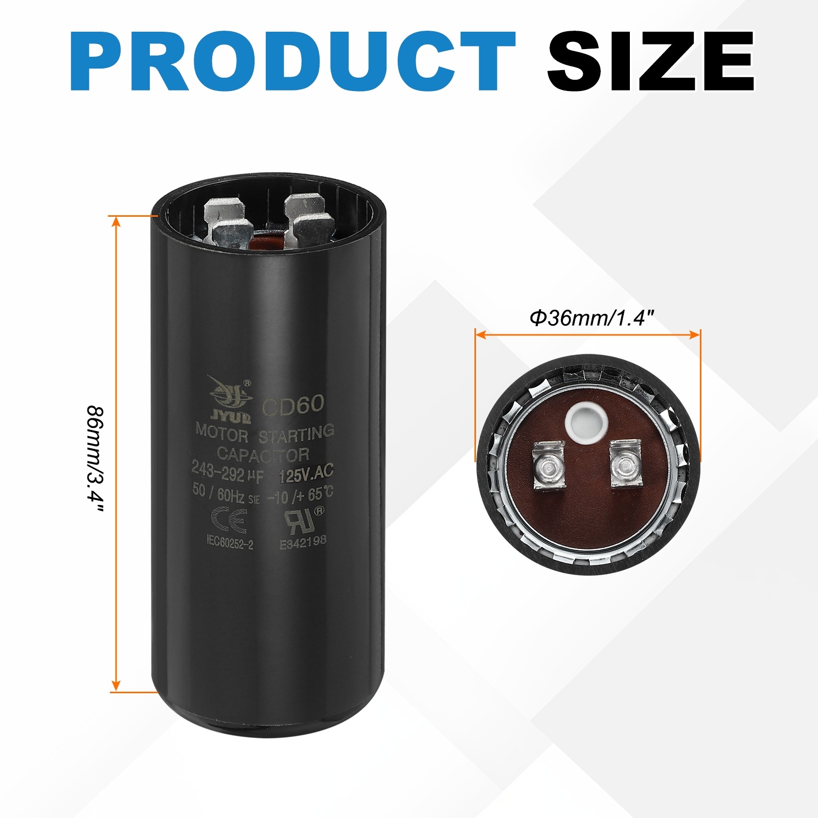 CD60 Capacitor 243-292 UF/Mfd, 125VAC Run Motor Start Capacitor, Black