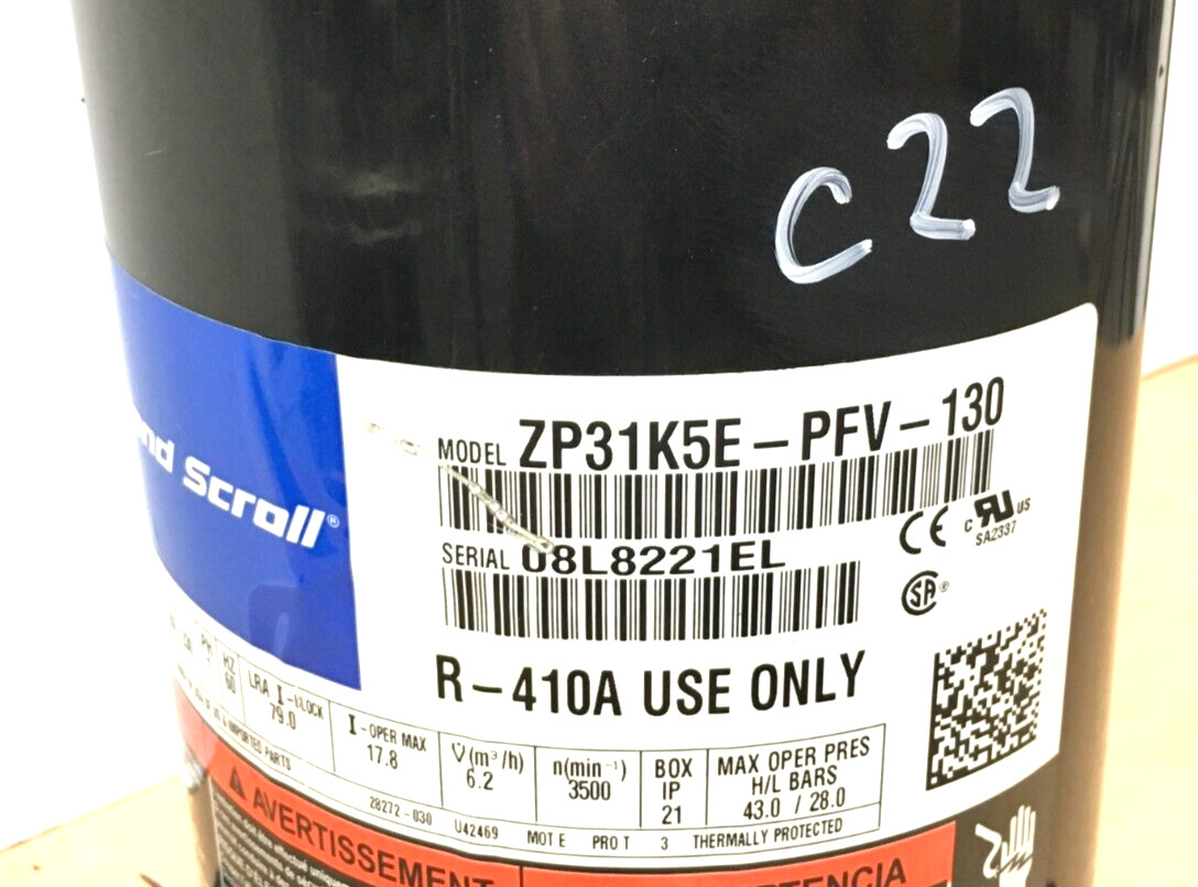 Copeland 2.5 Ton Scroll Compressor ZP31K5E-PFV-130 R410A 208/230V 1 PH used #C22