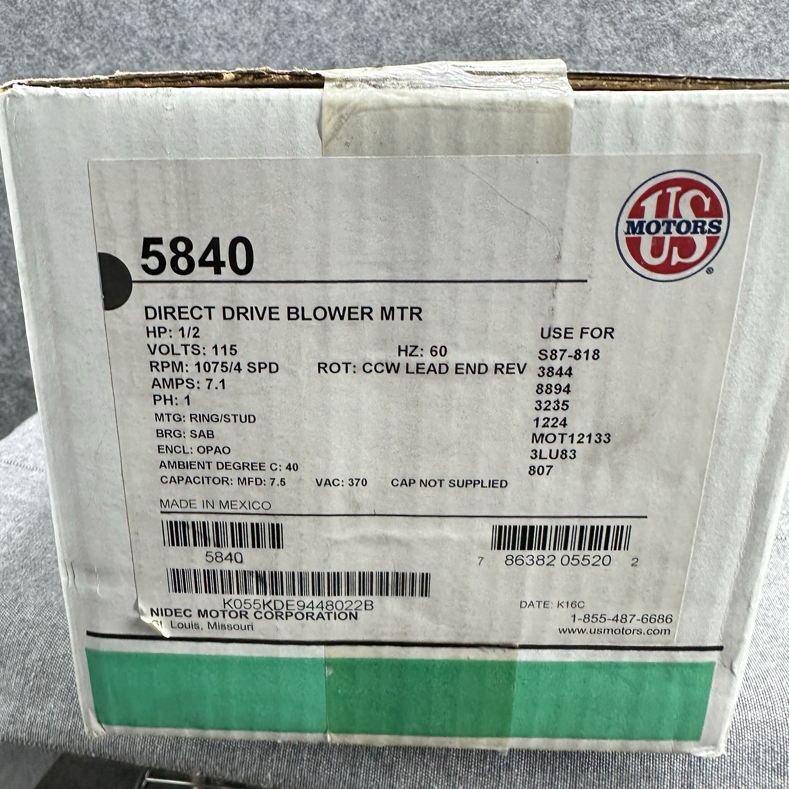 US Motors Nidec 5840 1/2 HP Replacement Fan Motor Direct Drive Blower HVAC