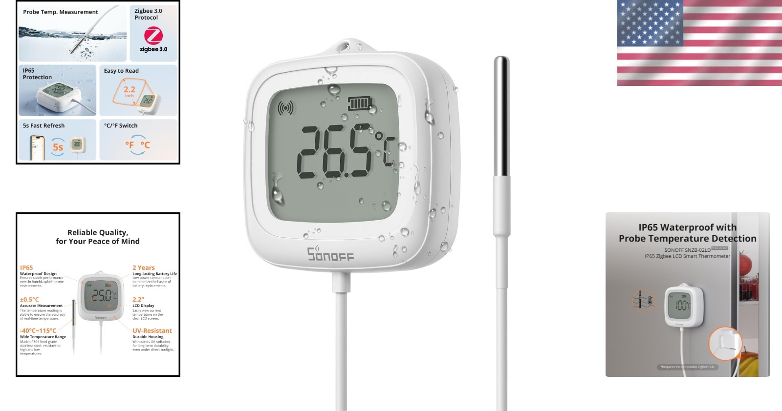 Smart Home-Ready Zigbee Temperature Sensor – Waterproof, 1.5M Probe, LCD Display