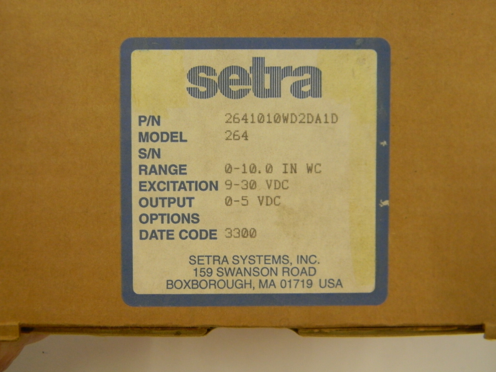New Setra 2641010WD2DA1D Pressure Transmitter Model 264 C5
