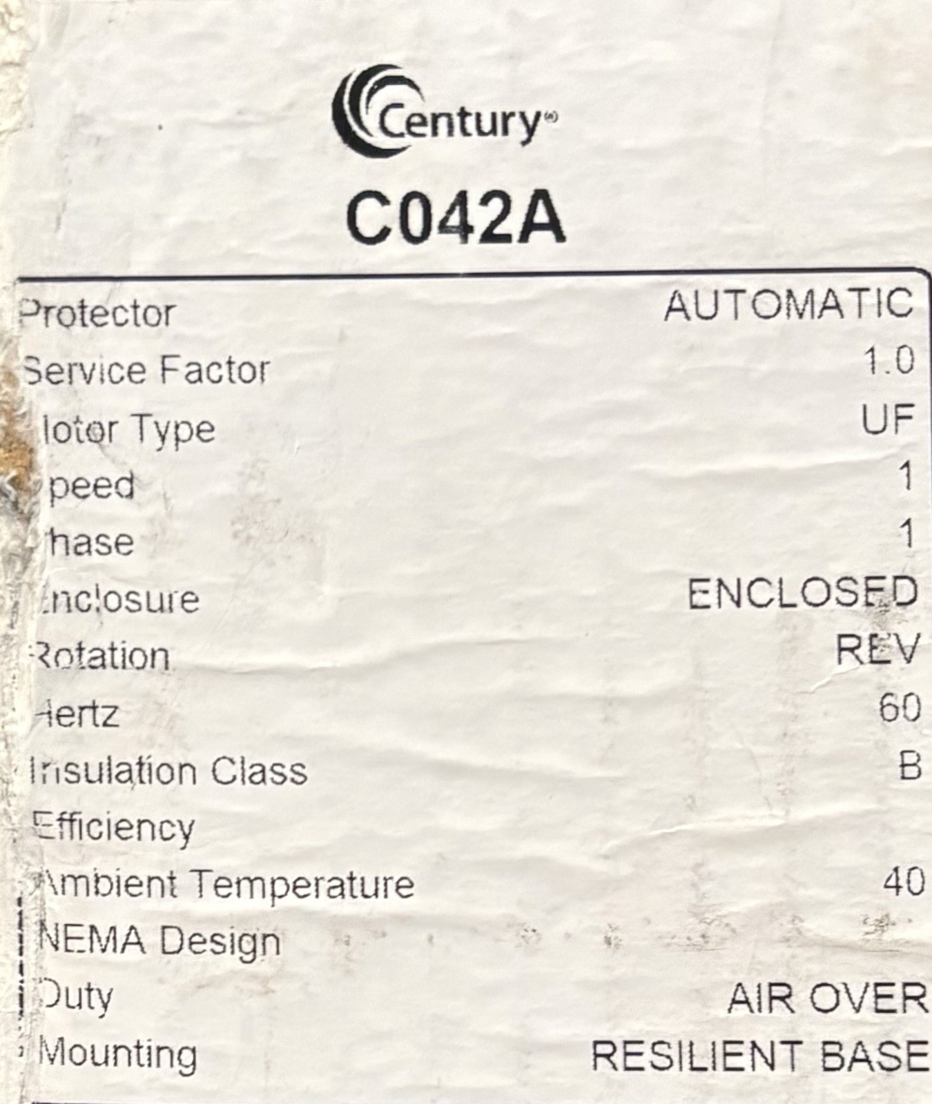 CENTURY C042A Electric Motor 1/4HP 115/230V 1700RPM Frame 48Z with Free Shipping