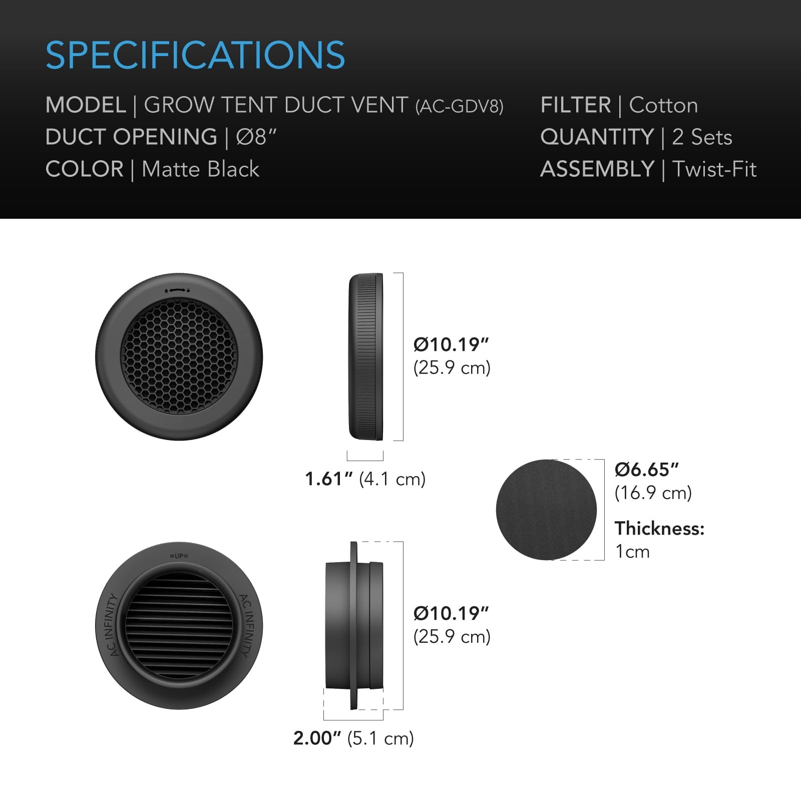 AC Infinity Grow Tent Duct Vent, 2 Pack – Light-Blocking Twist-On Air Vents with