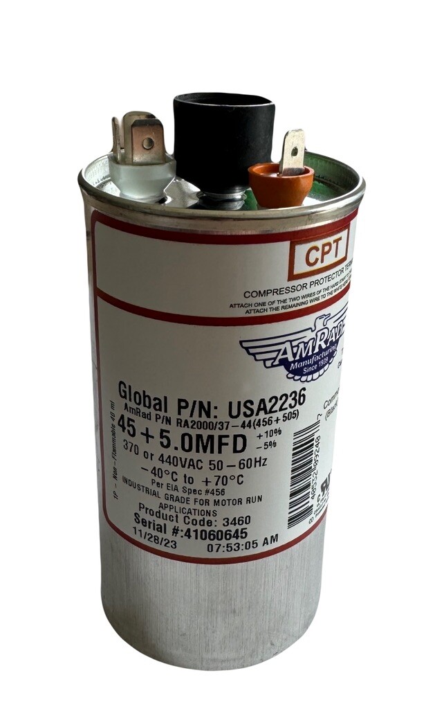 45 + 5 MFD AmRad Run Capacitor – Latest Model 370/440VAC – Genuine USA Made