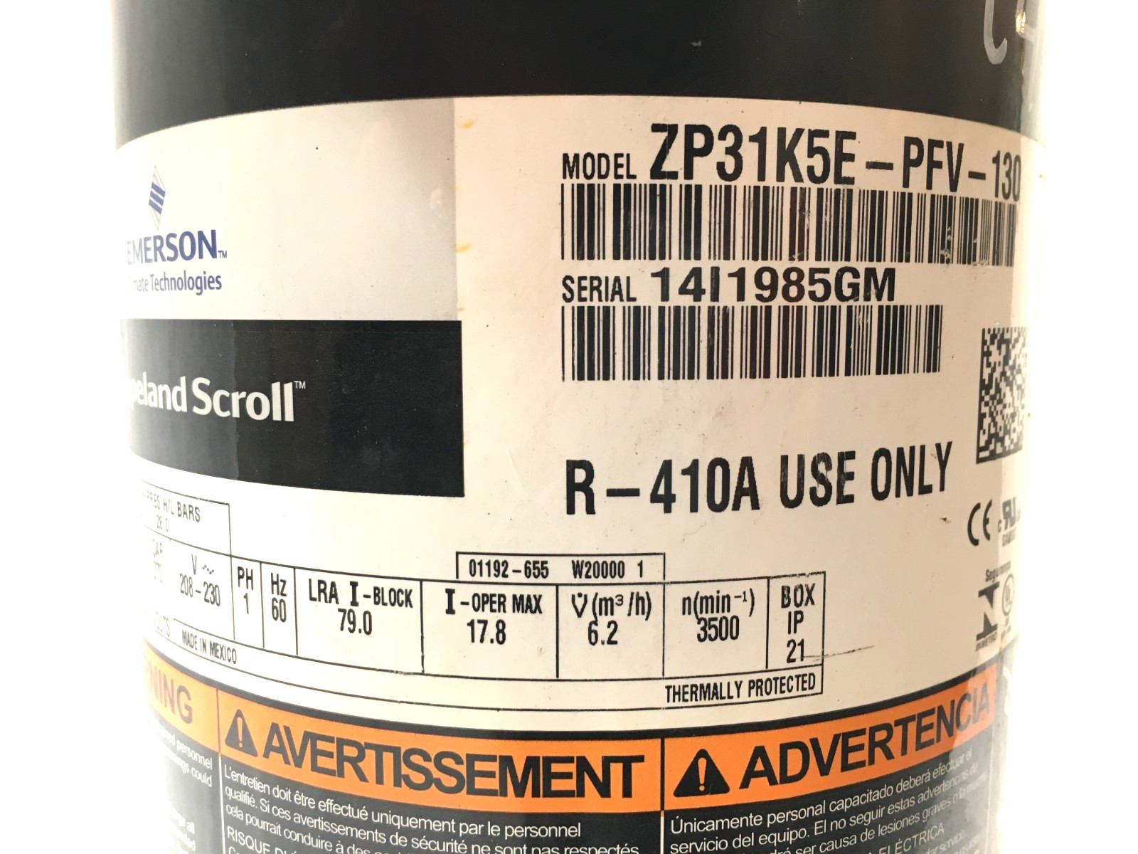 Copeland 2.5 Ton Scroll Compressor ZP31K5E-PFV-130 R410A 208/230V 1 PH used C427