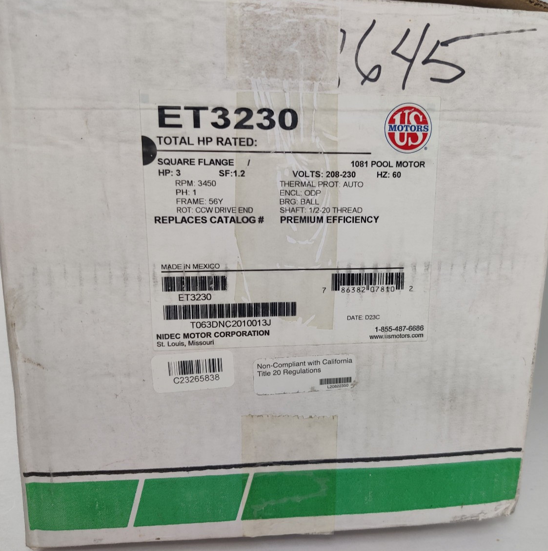 US Motors ET3230 3 HP, 3600 RPM, Single Phase, 208-230 V, 60Hz, 56Y Pool Motor