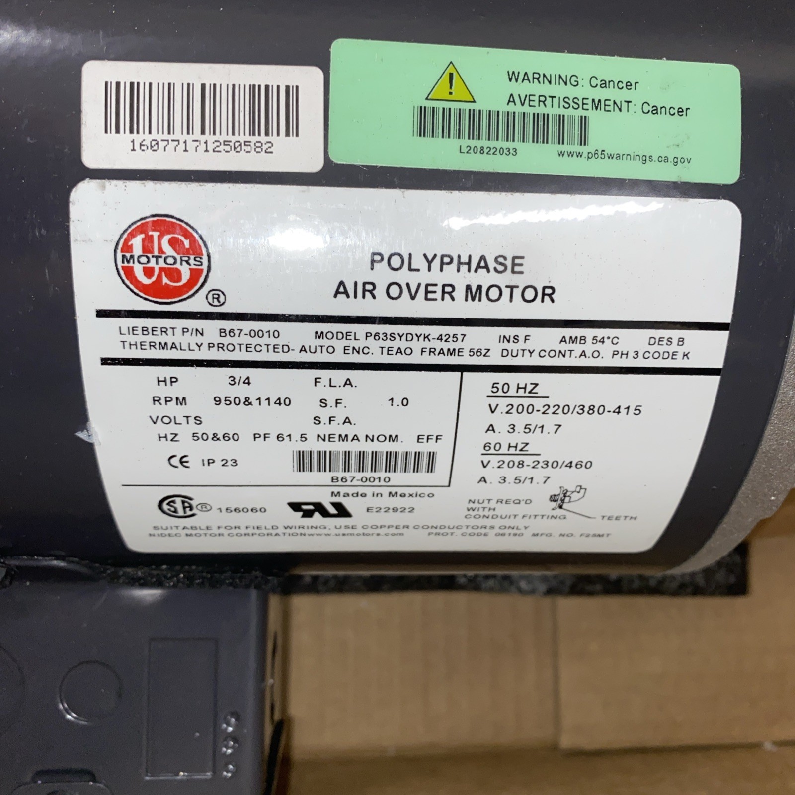 LIEBERT KIT-B670010 Polyphase Air Over Motor 208-230/460V AC, 3/4 hp, 3 Phase