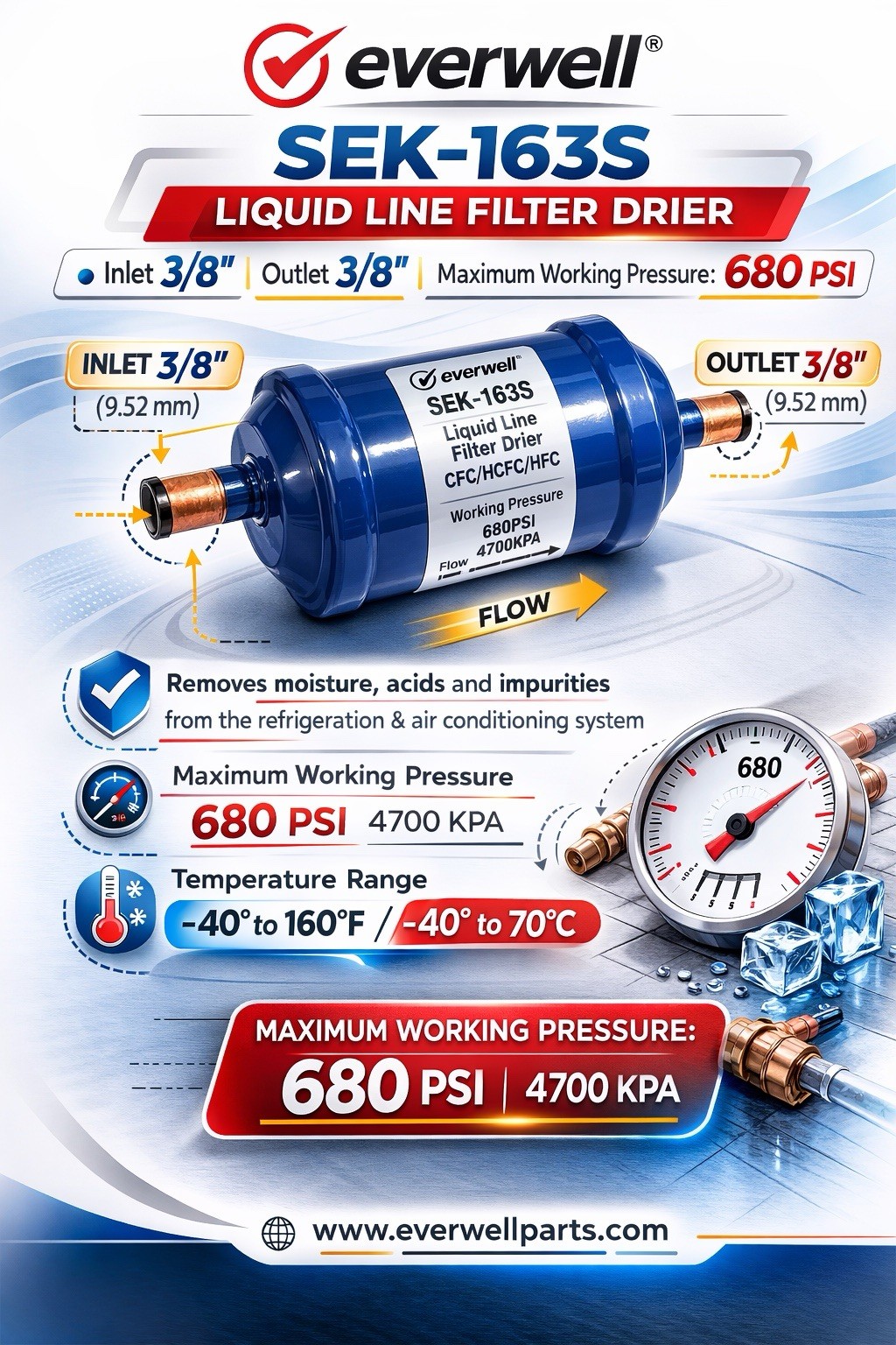 LIQUID LINE FILTER DRIER FOR CFC/HCF/HFC INLET 3/8″,OUTLET 3/8″ ODF, MWP:680PSI