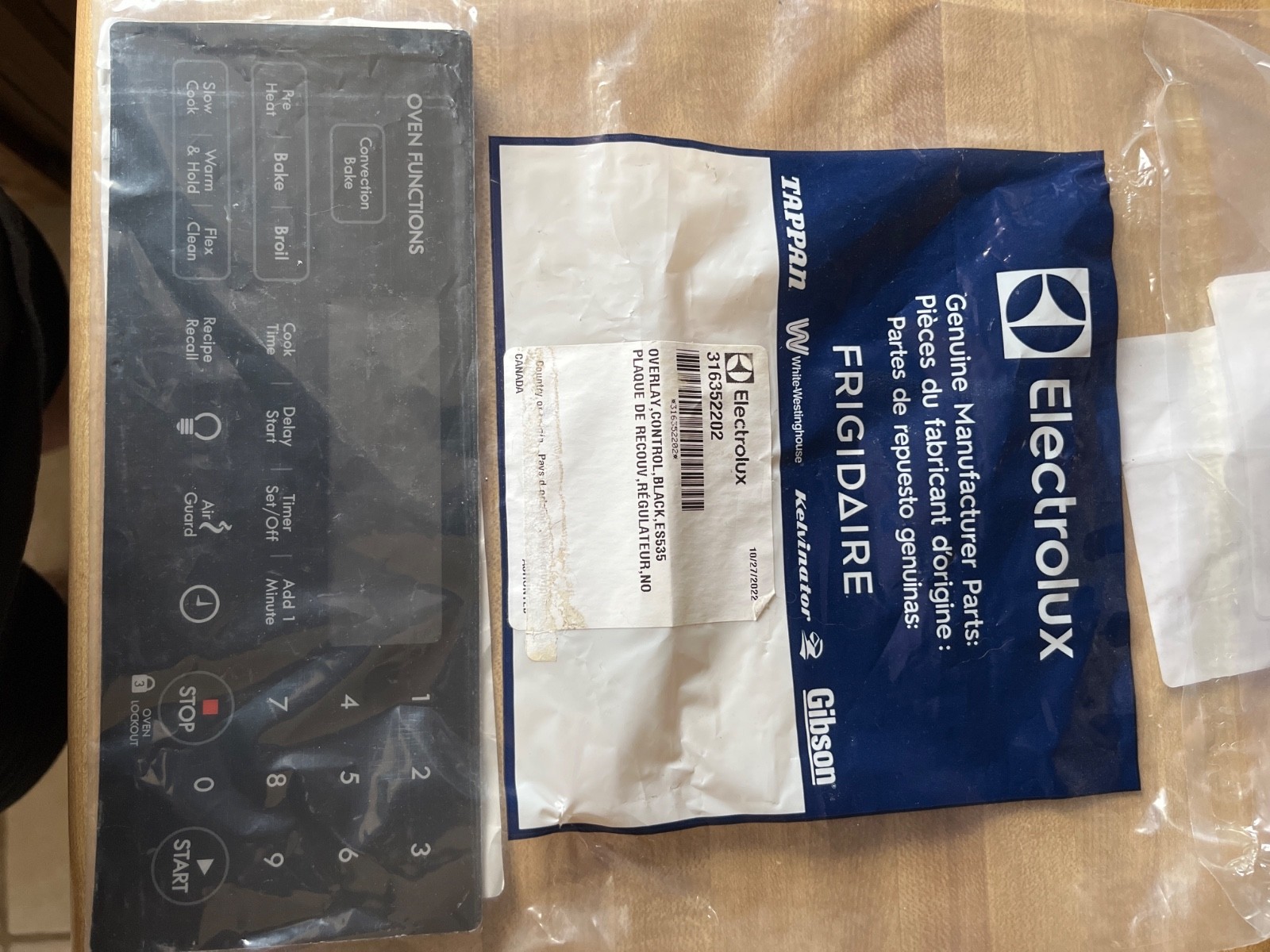 Electrolux 316352202 Overlay Control Black ES535 1/2″ Plastic Control Panel