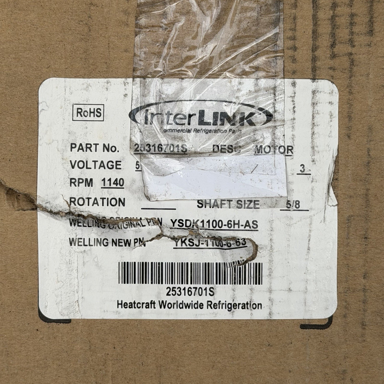 Heatcraft 25316701S Refrigeration Motor, 575V, 60HZ, 3PH, 1140RPM, 2.25HP