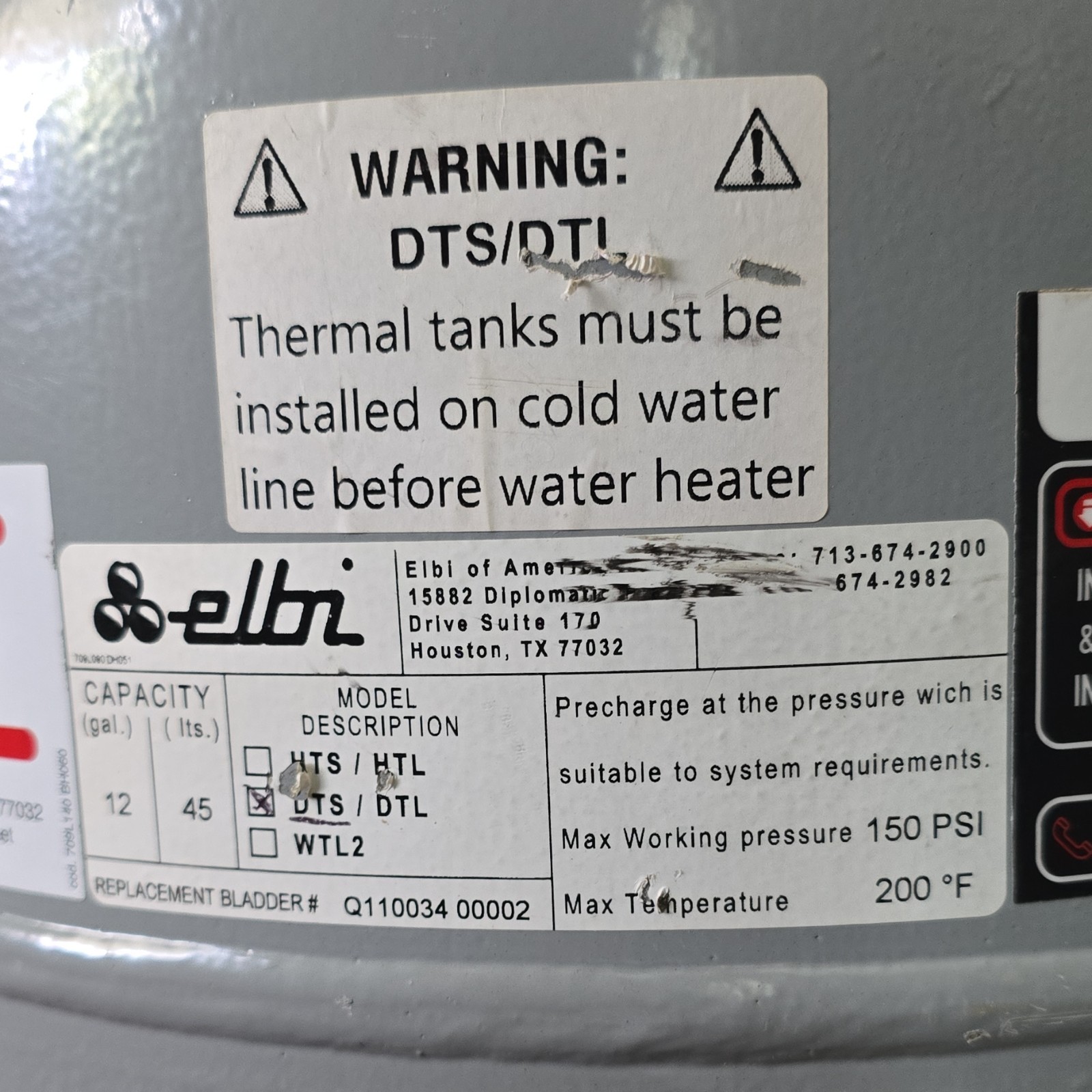 Elbi DTS/DTL Boiler Thermal Expansion Tank 12 gal 150 PSI Gray