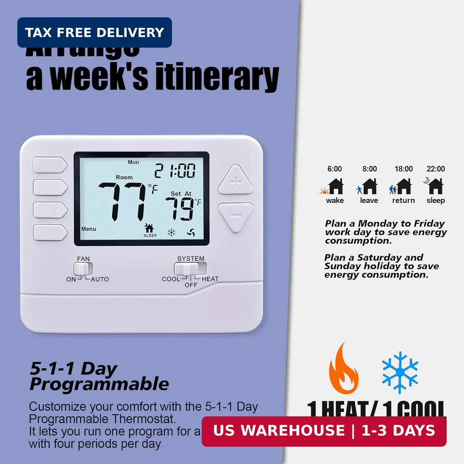 Heagstat 5-1-1 Day Programmable Thermostat for Home Conventional Single-Stage Sy
