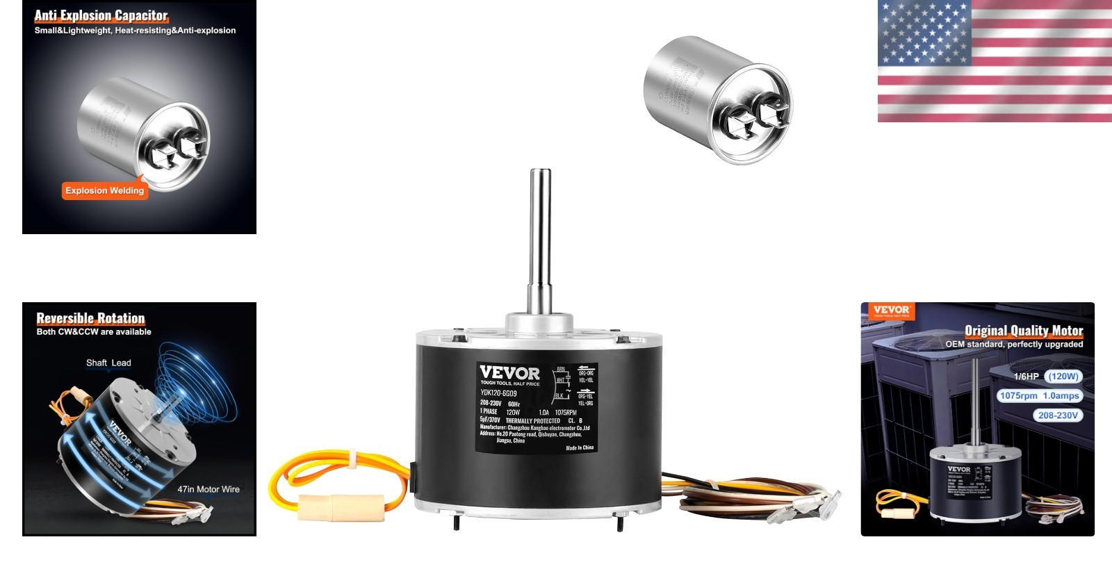 Upgraded 1/6HP Fan Motor with Capacitor