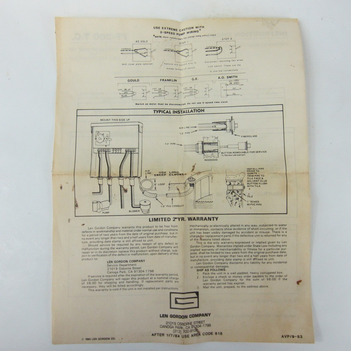 Len Gordon Company Four Function Air Switch with Time Clock FF-200 TC **USED**