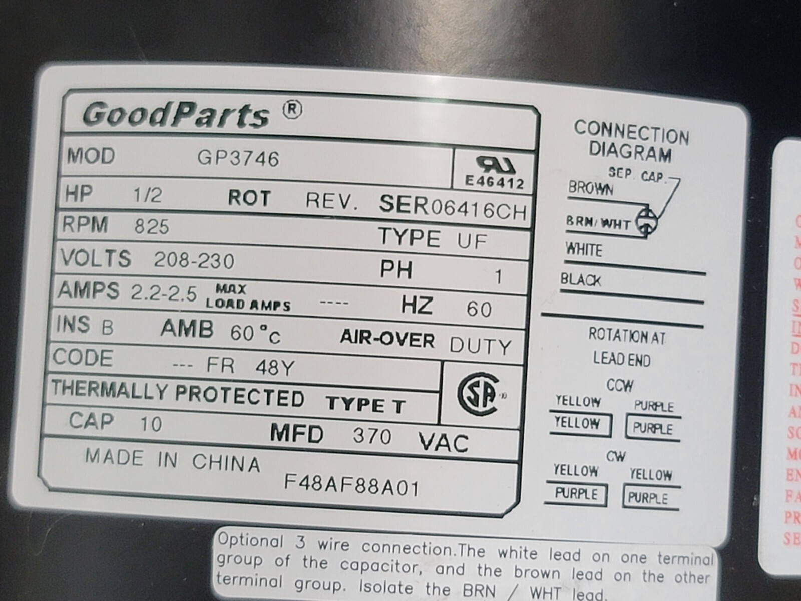 GP-3746 (EM-3746) Condenser Fan Motor 1/2 HP, 208-230V, 825 RPM, 1 PH, 48Y Frame