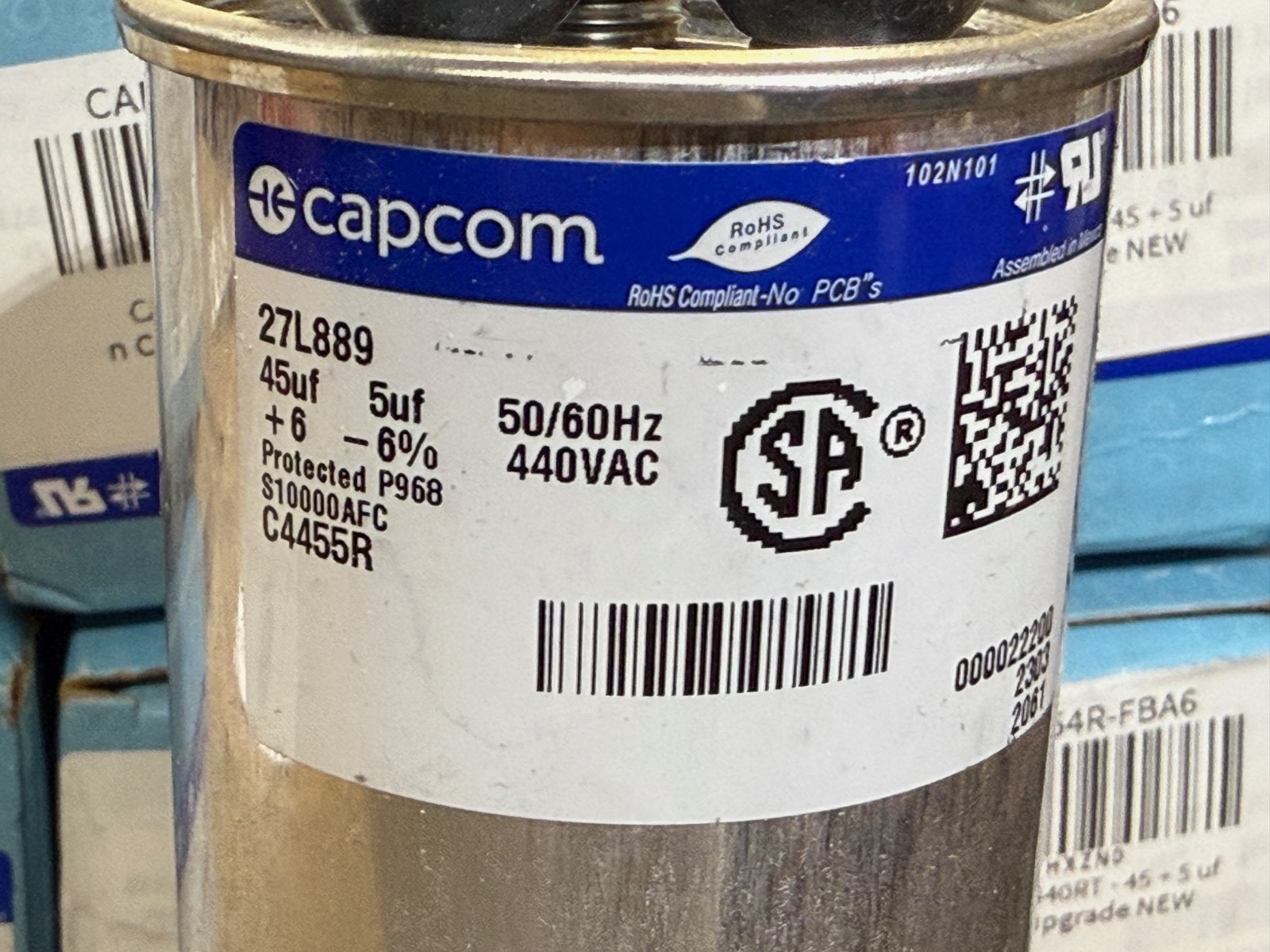 (6 PACK) Capcom Round Run Capacitor 27L889 45 + 5 uf MFD 440 Volt VAC