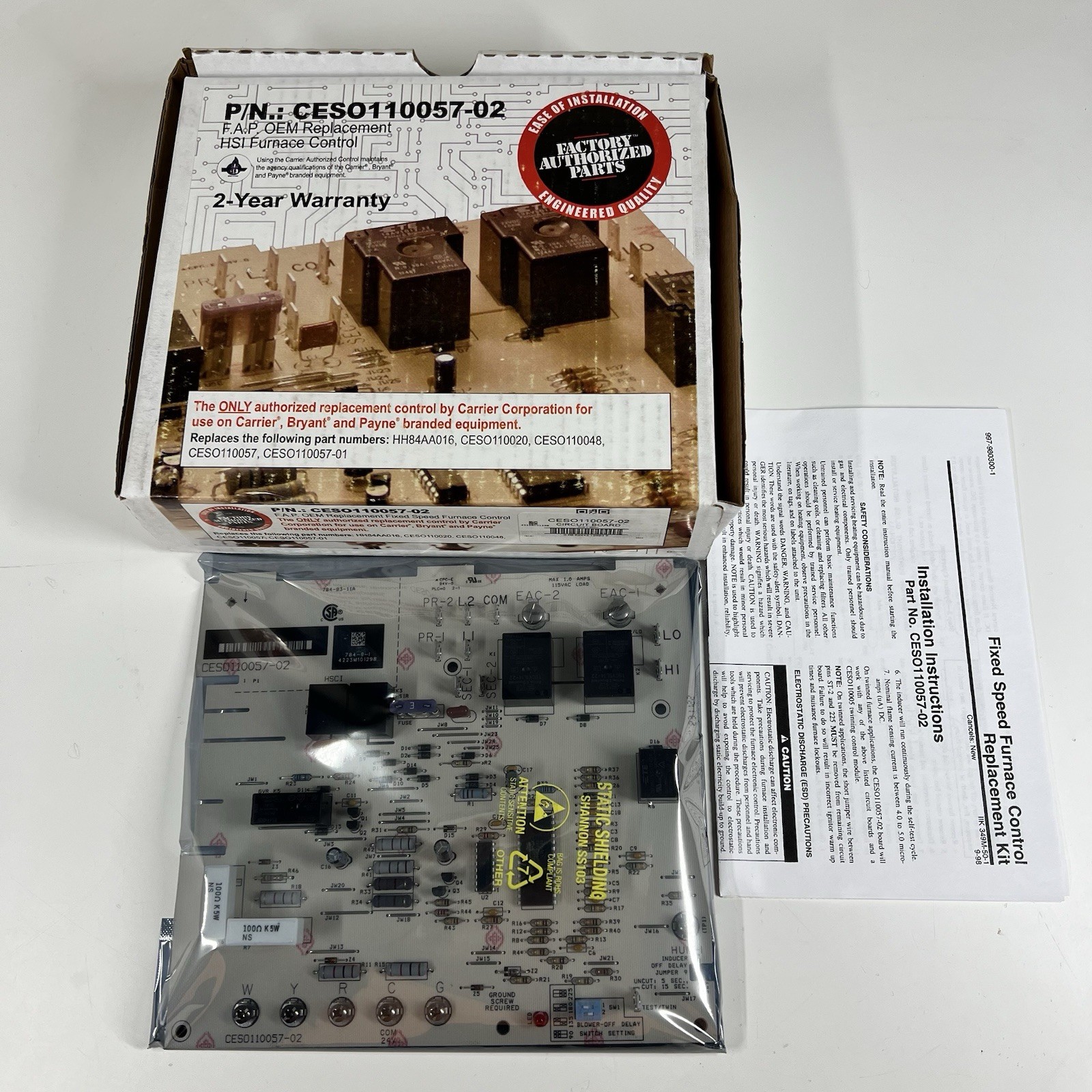 Carrier Bryant Payne CES0110057-02 OEM HSI Furnace Control Board New Sealed Bag