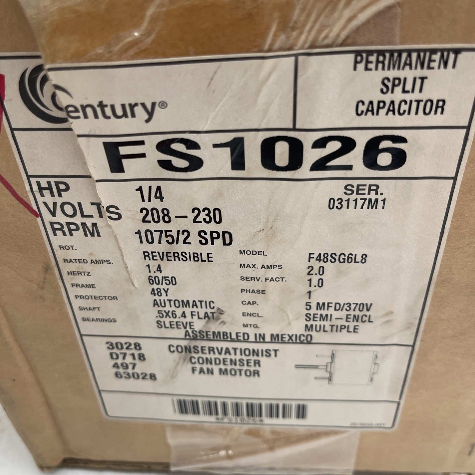 OEM CENTURY 4MB51 FS1026 Condenser Fan Motor, 1/4 HP, 208-230V, 1075 RPM