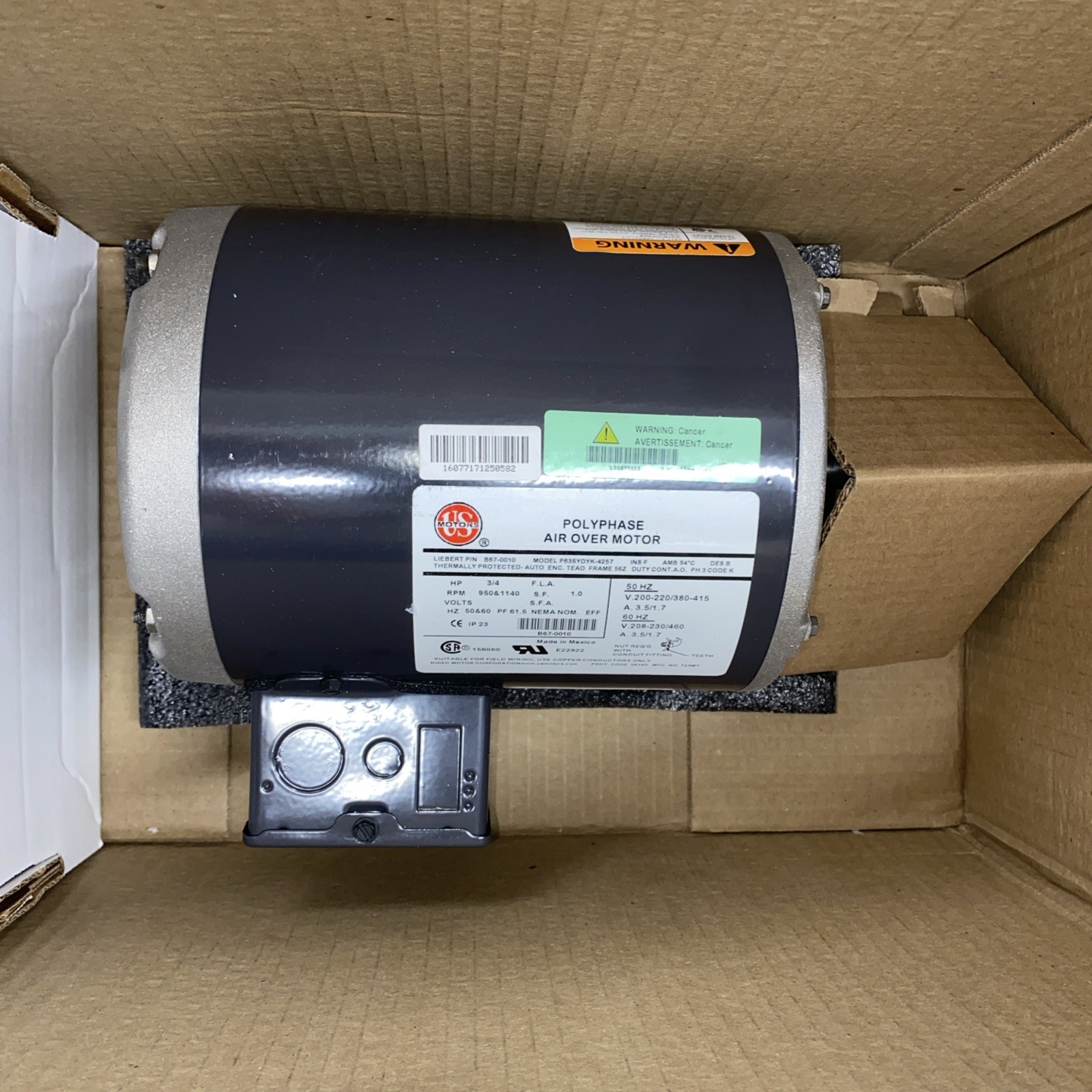 LIEBERT KIT-B670010 Polyphase Air Over Motor 208-230/460V AC, 3/4 hp, 3 Phase