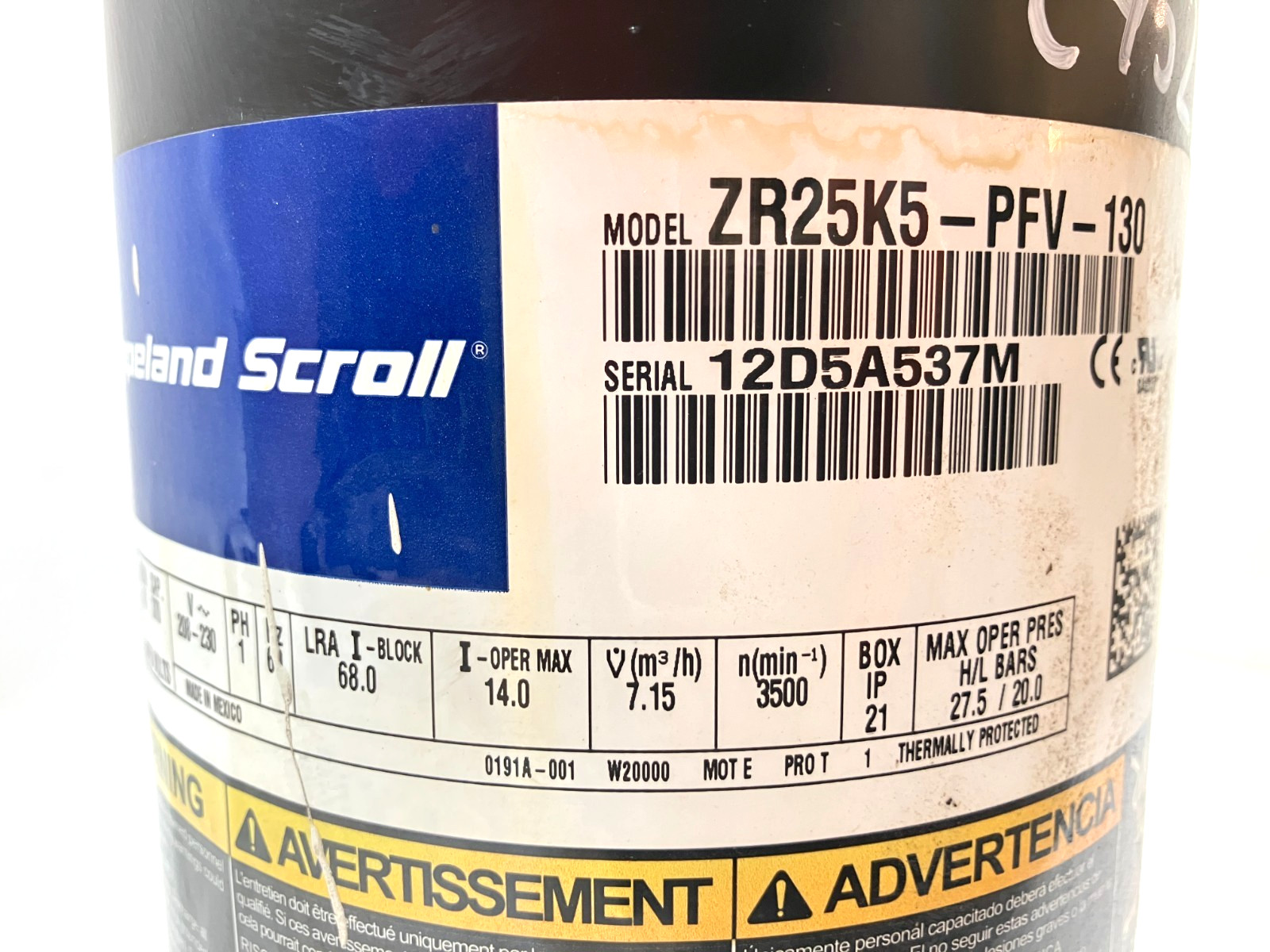 Copeland 2.5 Ton Scroll AC Compressor ZR25K5-PFV-130 R-22 208-230V used #C452