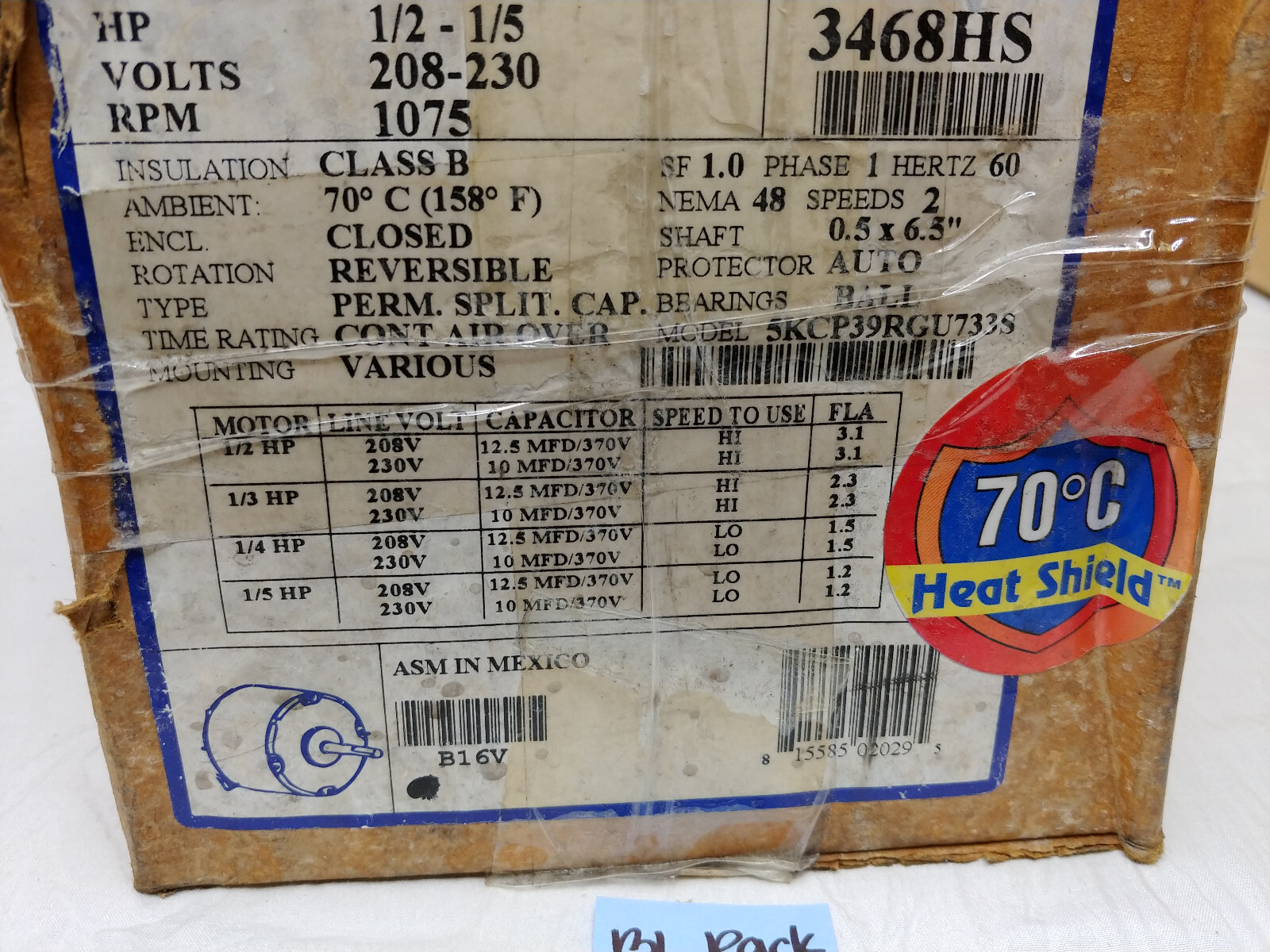 Genteq 3468HS Condenser Fan Motor 1/2Hp 208/230V New-Old Stock