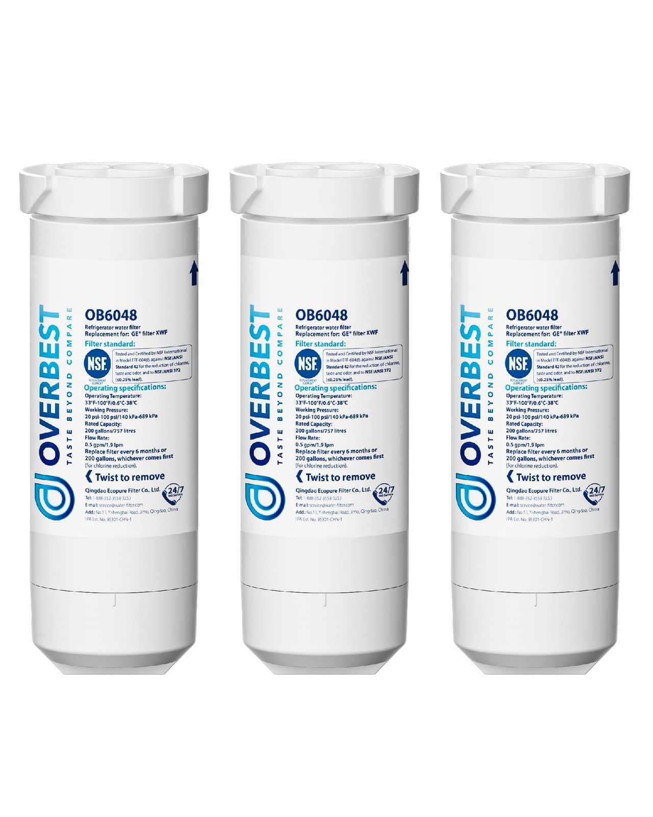 Overbest XWF (No chip) Refrigerator Water Filter, 3 Count (Pack of 1), White