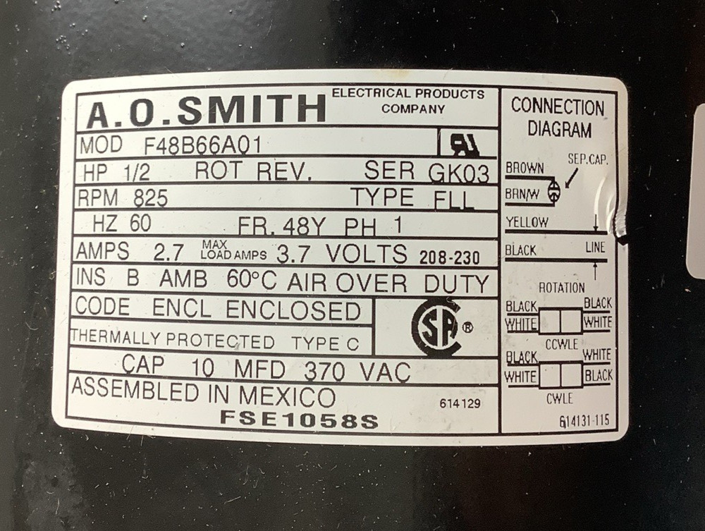 A.O. Smith FSE1058S Sleeve Bearing Condenser Fan Motor 1/2HP, 825RPM (R35)