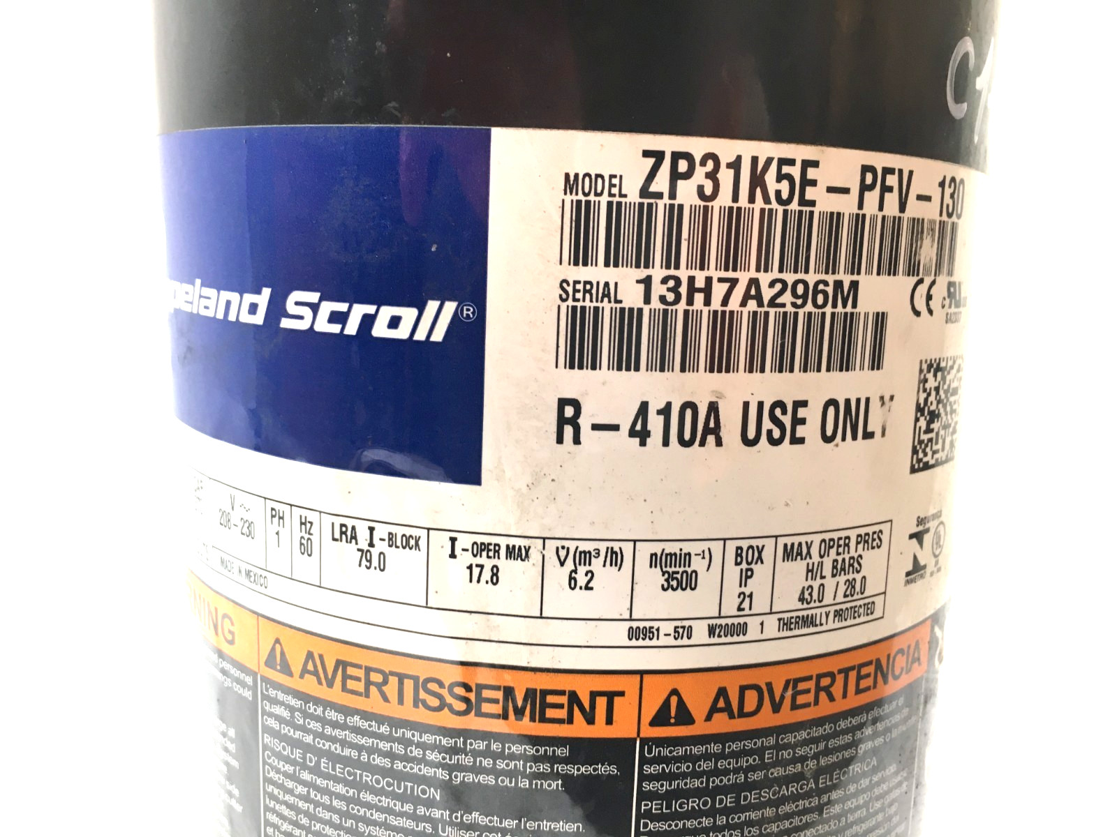 Copeland 2.5 Ton Scroll Compressor ZP31K5E-PFV-130 R410A 208/230V 1 PH used C113