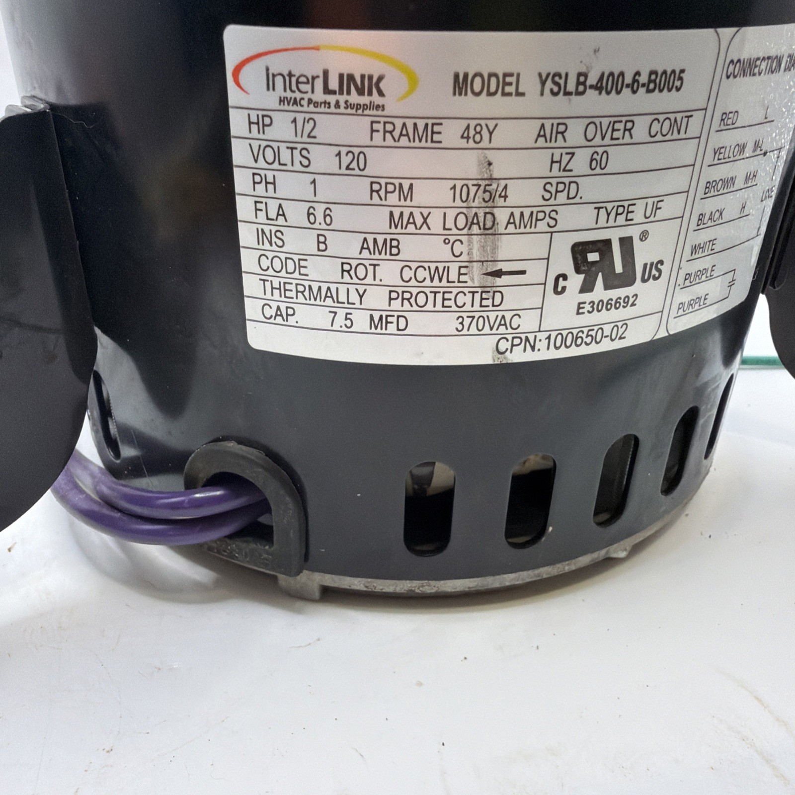 InterLink YSLB-400-6-B005 Blower Motor 1/2HP 1075RPM 4SPD 120V 100650-02