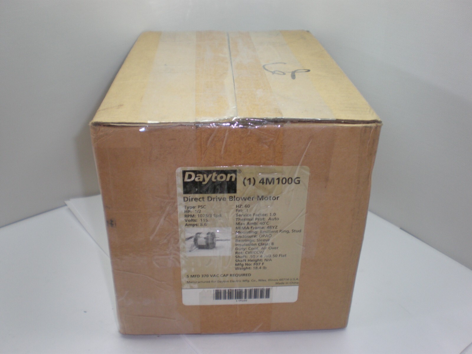 DAYTON 4M100G D/D Blower Motor 3 Speed, Open Air-Over, Ring/Stud Mount, 1/2 HP