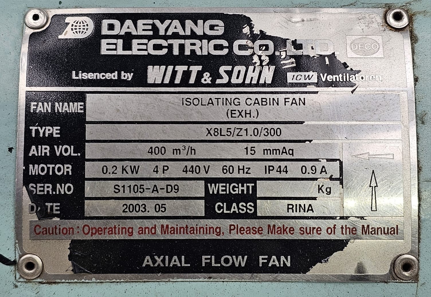 Daeyang Electric Co. X8L5/Z1.0/300 0.2 KW 60 HZ 440V ISOLATING CABIN FAN