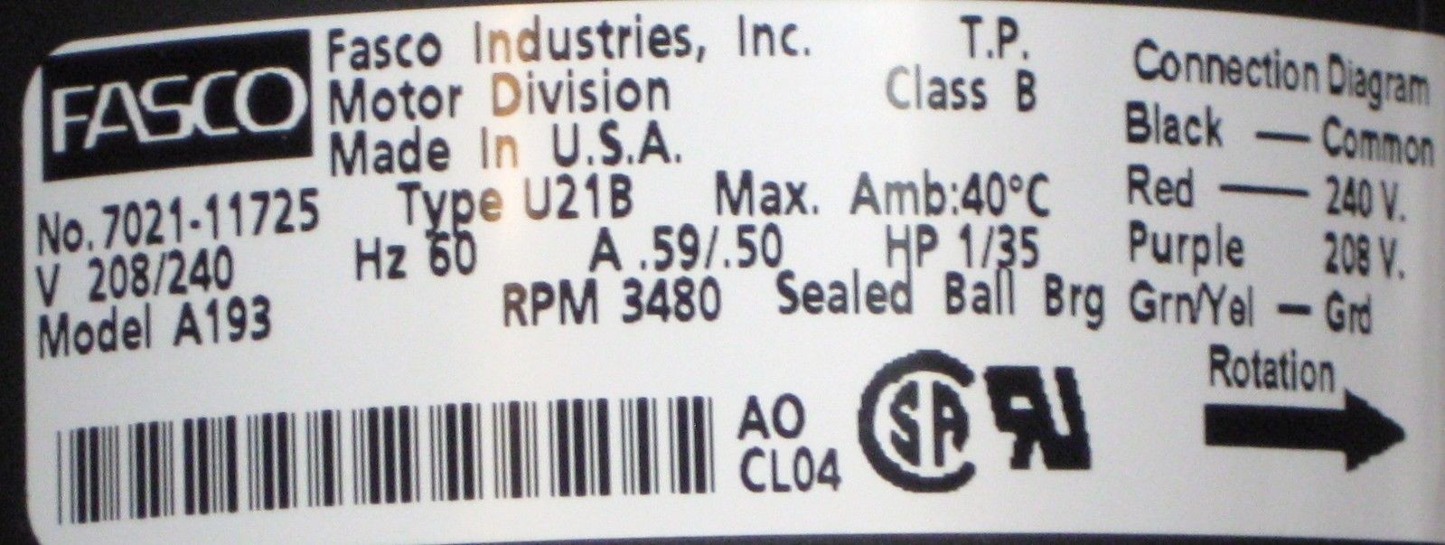 Fasco A193 Furnace Draft Inducer for Trane 7021-8591 X38040050010