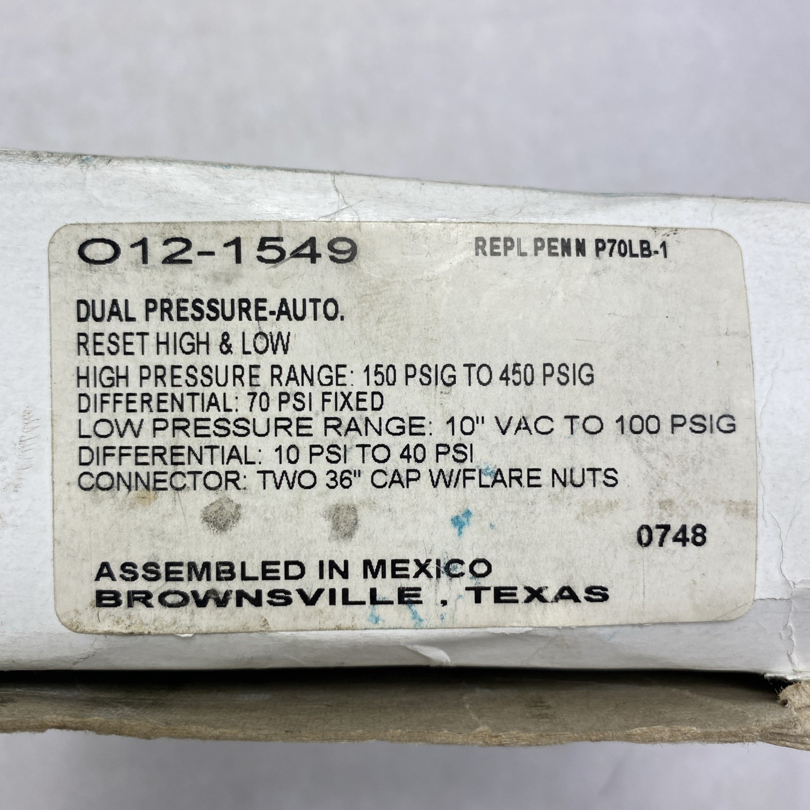 Ranco 012-1549 Dual Pressue Control With Flare Nut Connectors
