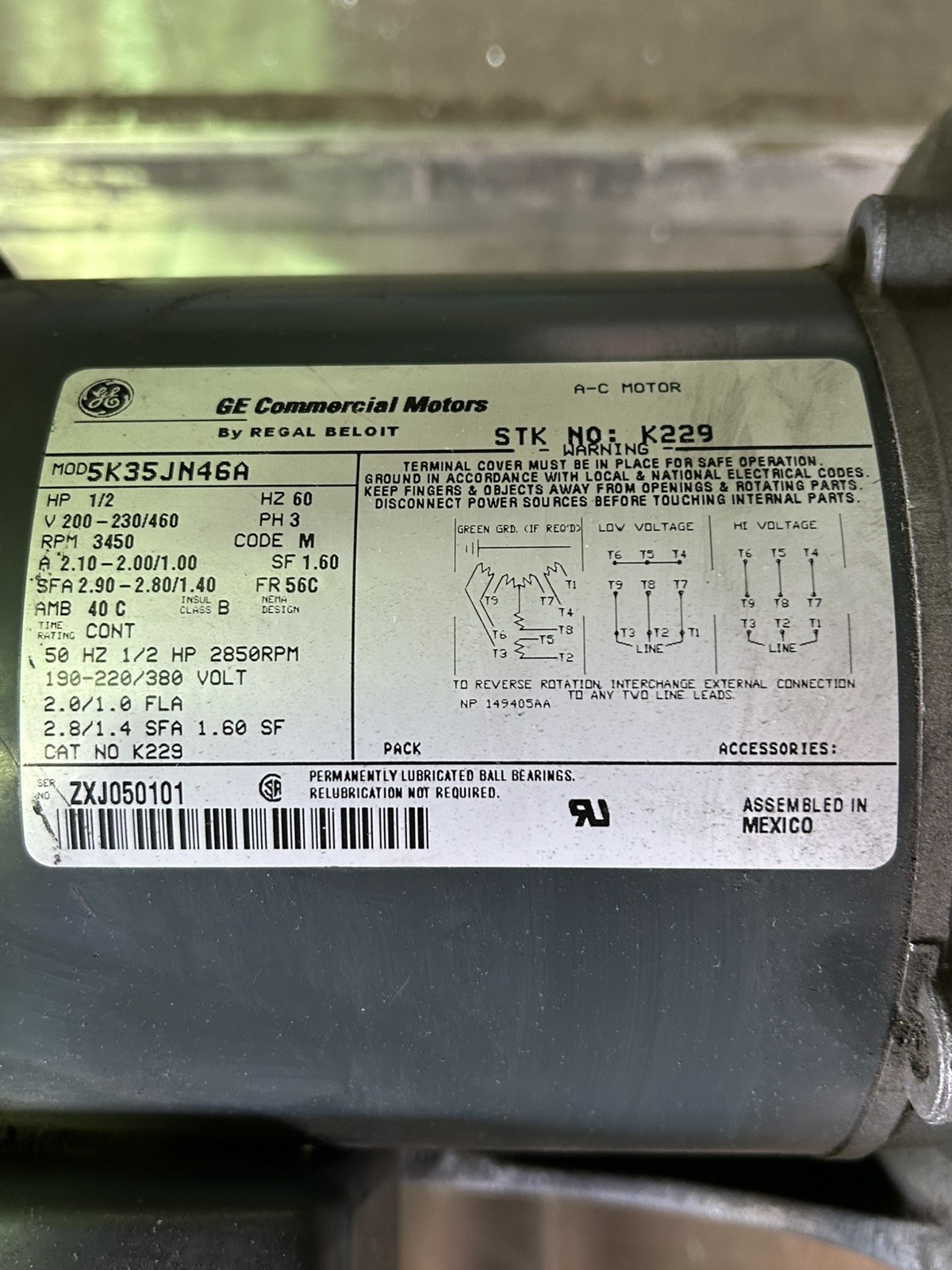 SC-475 American Fan Blower w/ GE 3ph .5hp Motor 200-230/460 3450 rpm