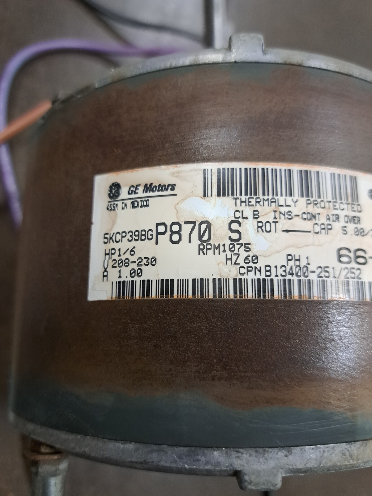 5KCP39BGP870S Genteq Condenser MOTOR, 1/6 HP, 208-230v 1075rpm B13400-251