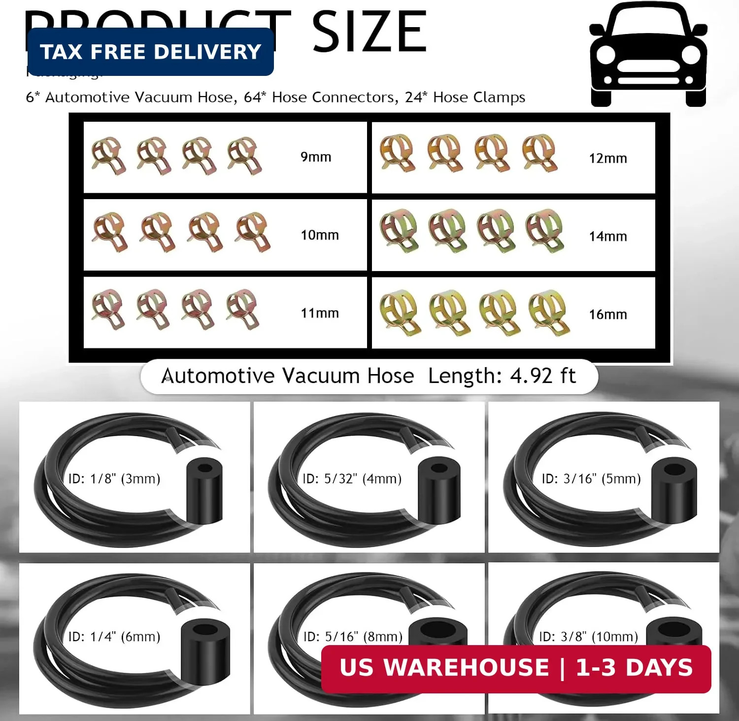 94PCS 5Ft Vacuum Hose Automotive Kit with 6 Sizes 3/8″,5/16″,1/4″,3/16″,5/32″,1/
