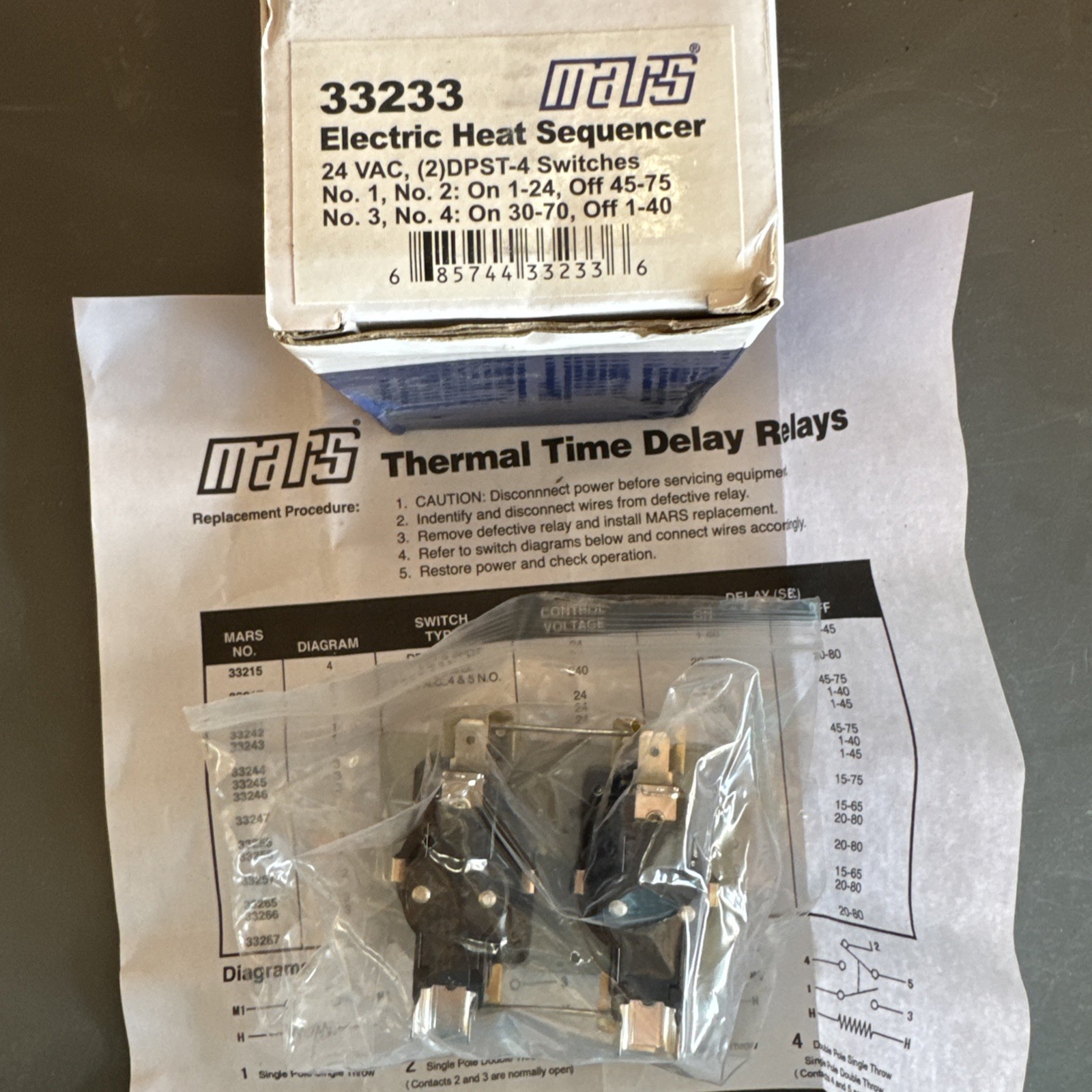 MARS 33233 Electric Heat Sequencer 24VAC (2)DPST-4 Switches