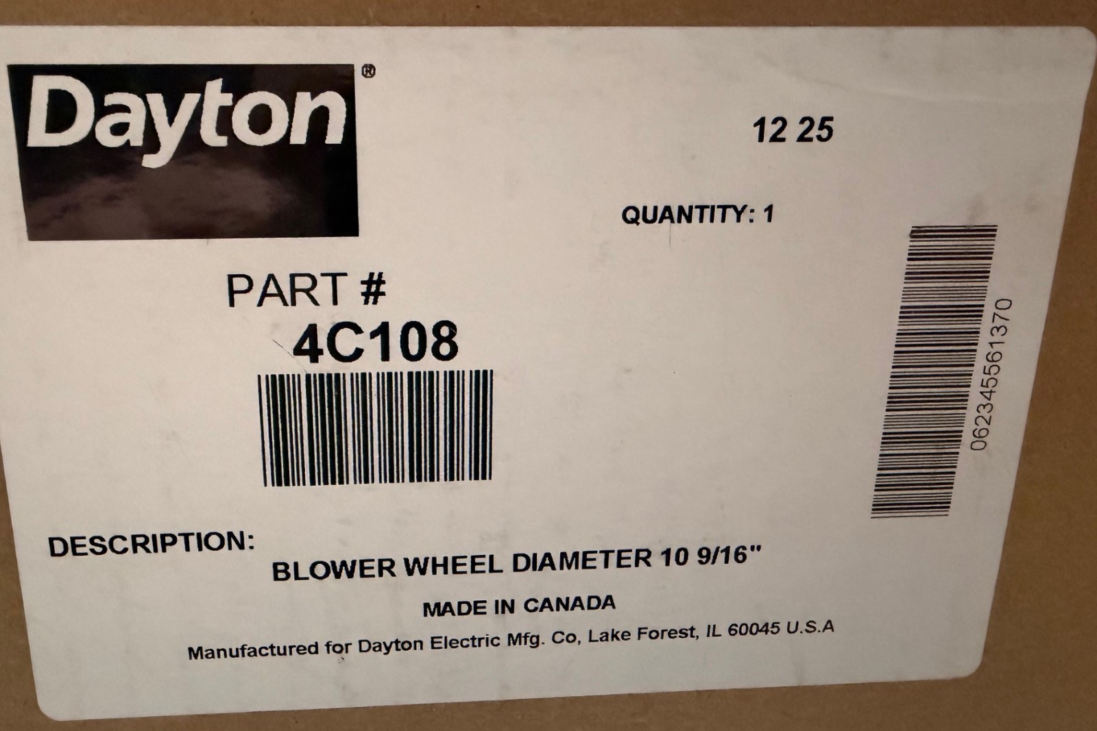 DAYTON 4C108 HIGH PRESSURE BLOWER, DIRECT DRIVE, 10-1/2″ WHEEL, 297-734 CFM NEW!