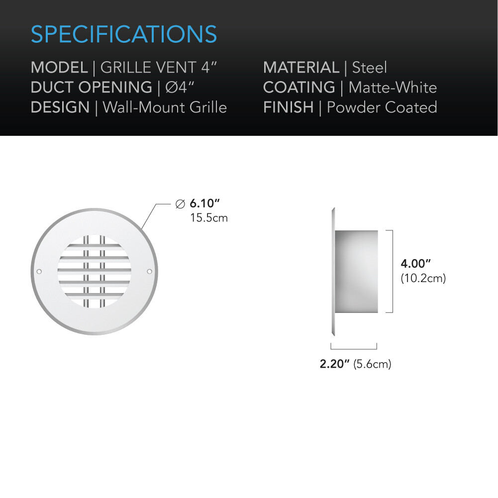Wall-Mount Duct Grille Vent for Heating Cooling Ventilation, White Steel, 4-Inch
