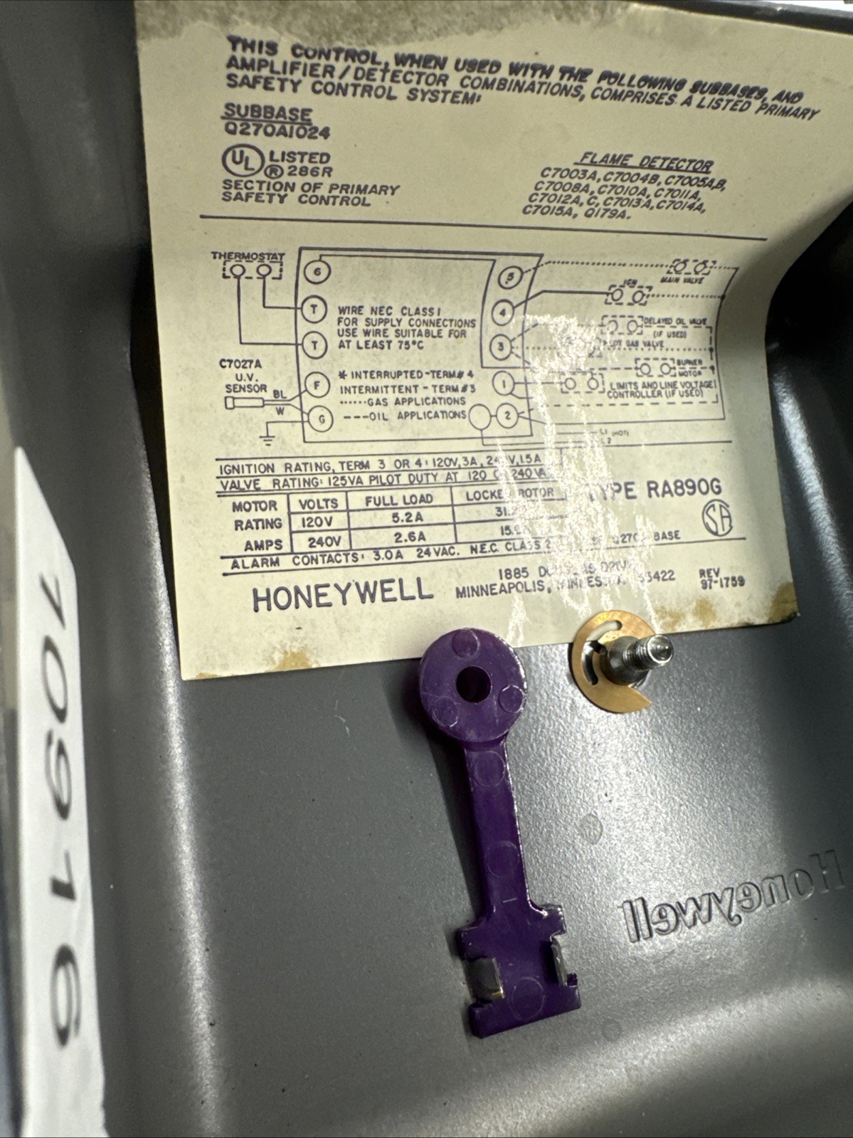 Honeywell Capp USA Burner Control Boiler Furnace RA890G Protectorelay Cover Only