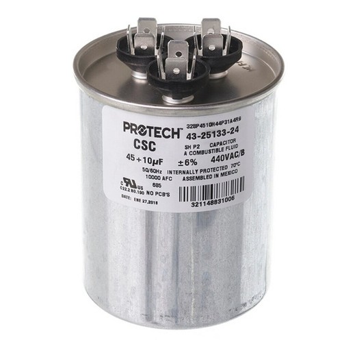 RUUD 43-25133-24 Dual Run Capacitor 45/10 UF 440V Aluminum 4-Terminal