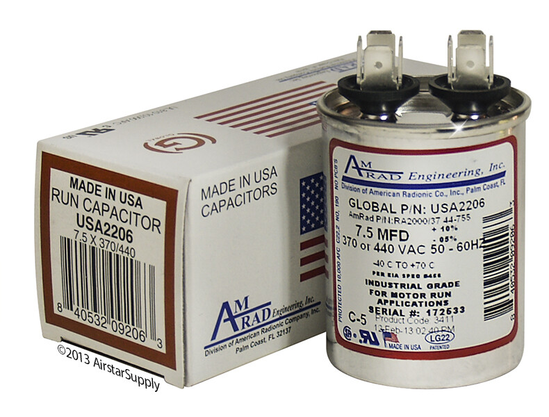 7.5 MFD x 370 / 440 VAC ROUND Run Capacitor AmRad USA2206 – Made in the USA