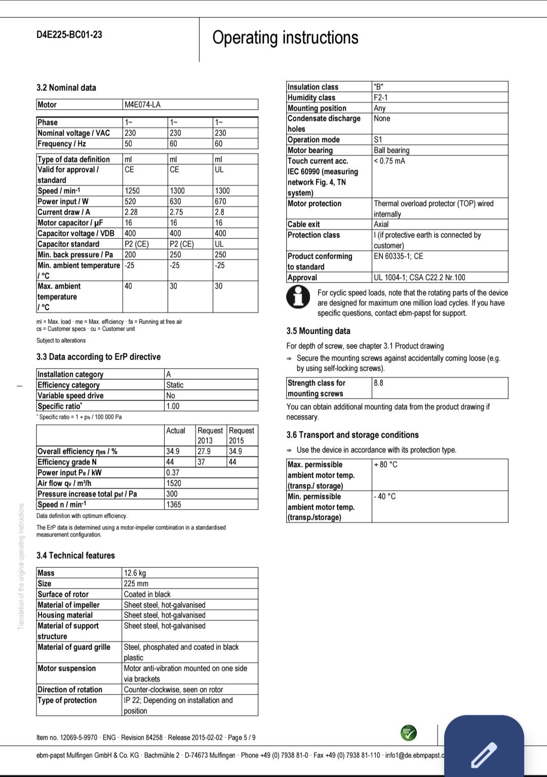 ebmpapst D4E225-BC01-23 Centrifigul AC Motor Fan Blower