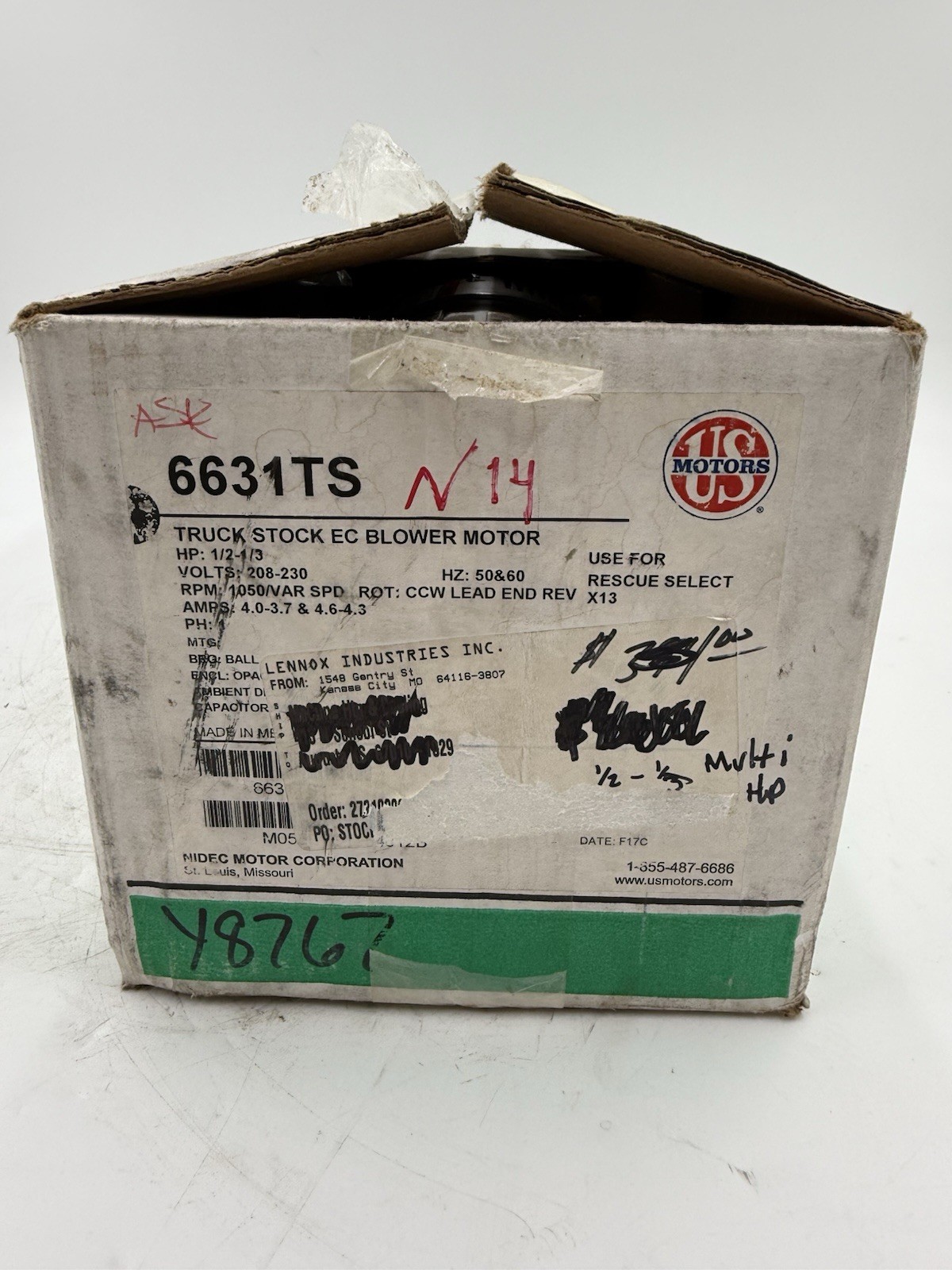 U.S. Motors 6631TS M055PWETC-1254 1/3-1/2HP 1050RPM Blower Motor #N14