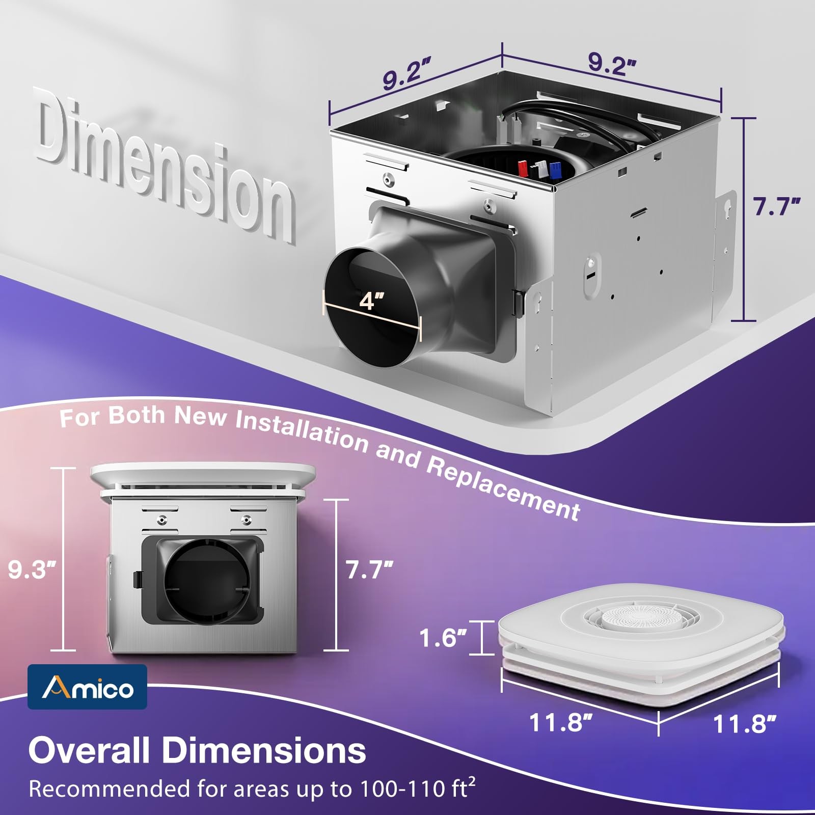 Amico Bathroom Exhaust Fan Bluetooth Speaker 110Cfm 1.0 Sone Smart Shower Vent