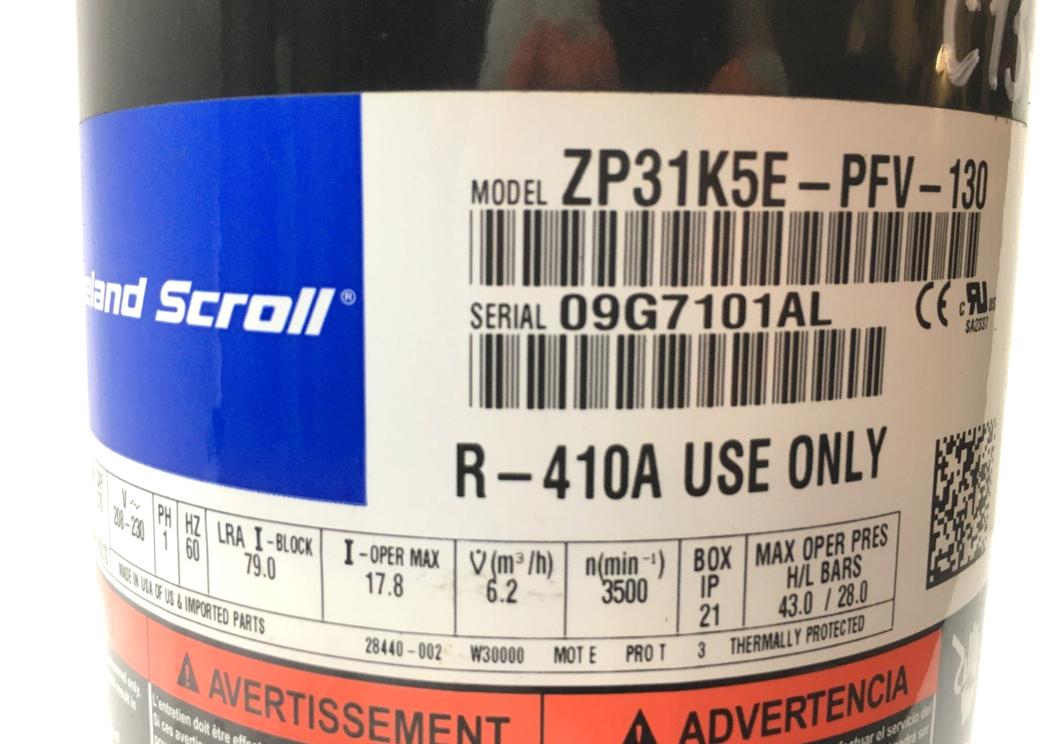 Copeland 2.5 Ton Scroll Compressor ZP31K5E-PFV-130 R410A 208/230V 1 PH used C137