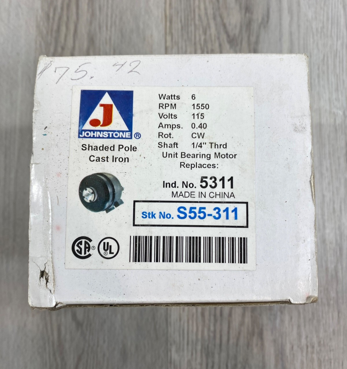 Johnstone Shaded Pole Cast Iron 6W 1550RPM 115V CW Rotation 1/4″THRD